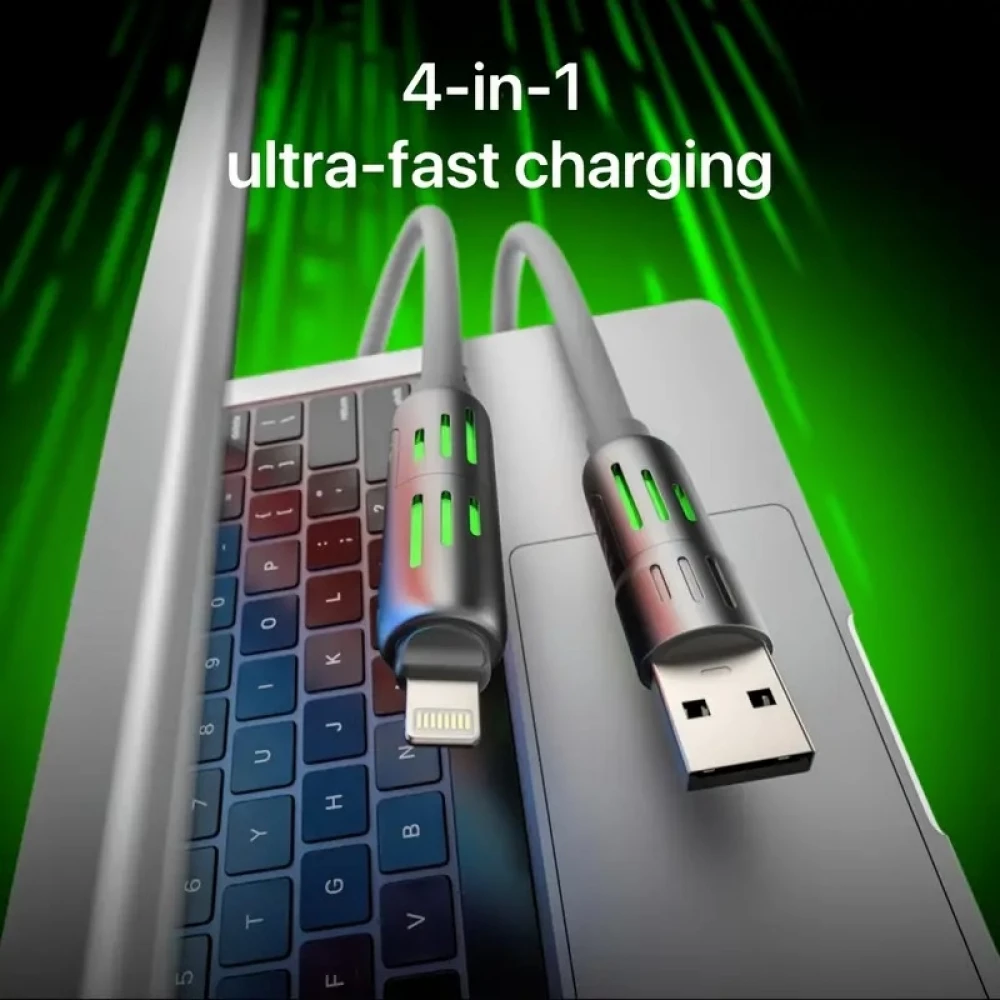USB 4-in-1 Schnelllade-Kabel 30W | USB-C zu USB anti-verwickelndes Silikon RGB-LED Multi-Geräte-Kompatibilität und langlebig (2 m) - Grau